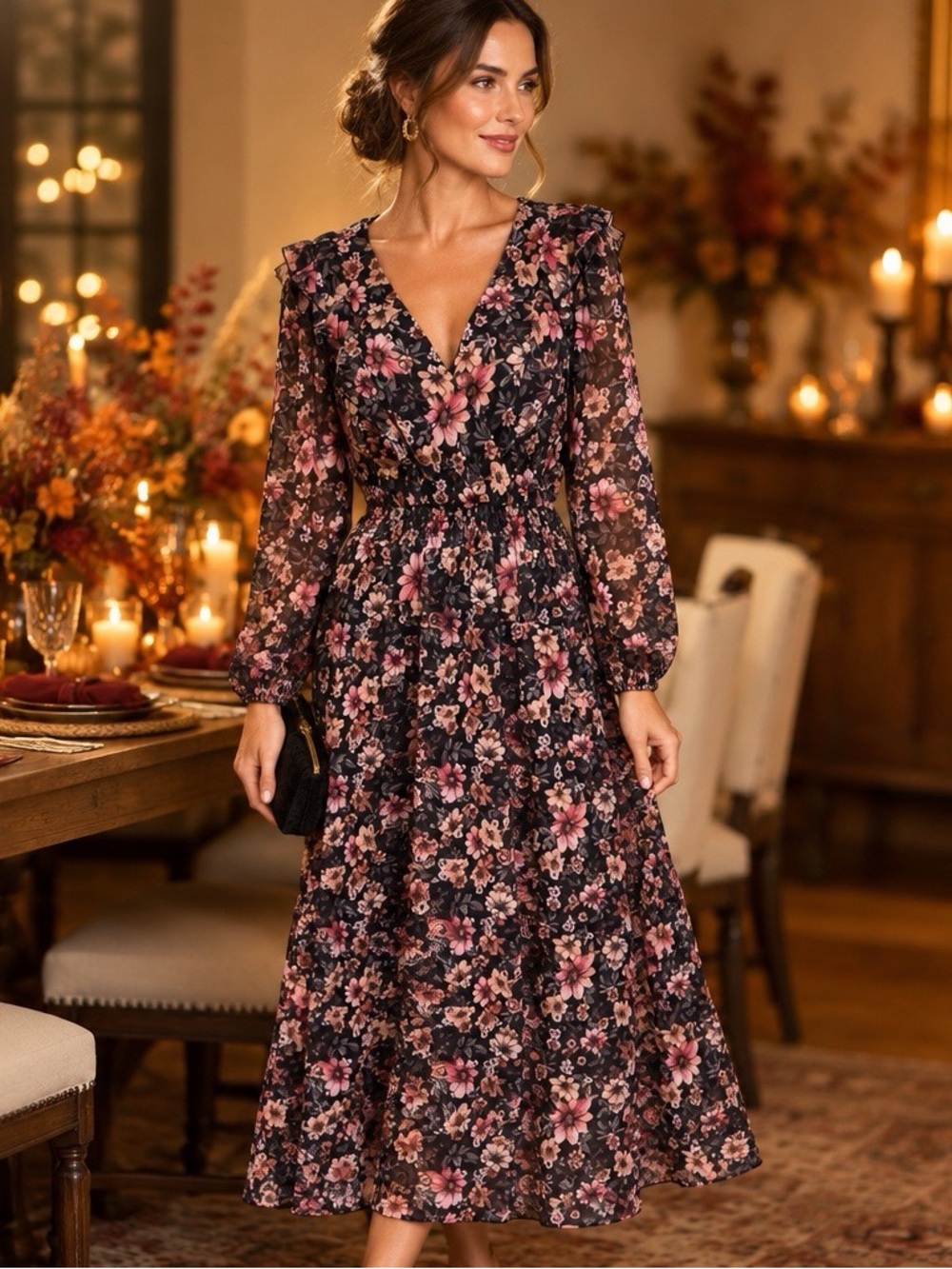 Pearl Love California Floral Boho Maxi Dress Long Sleeve Medium